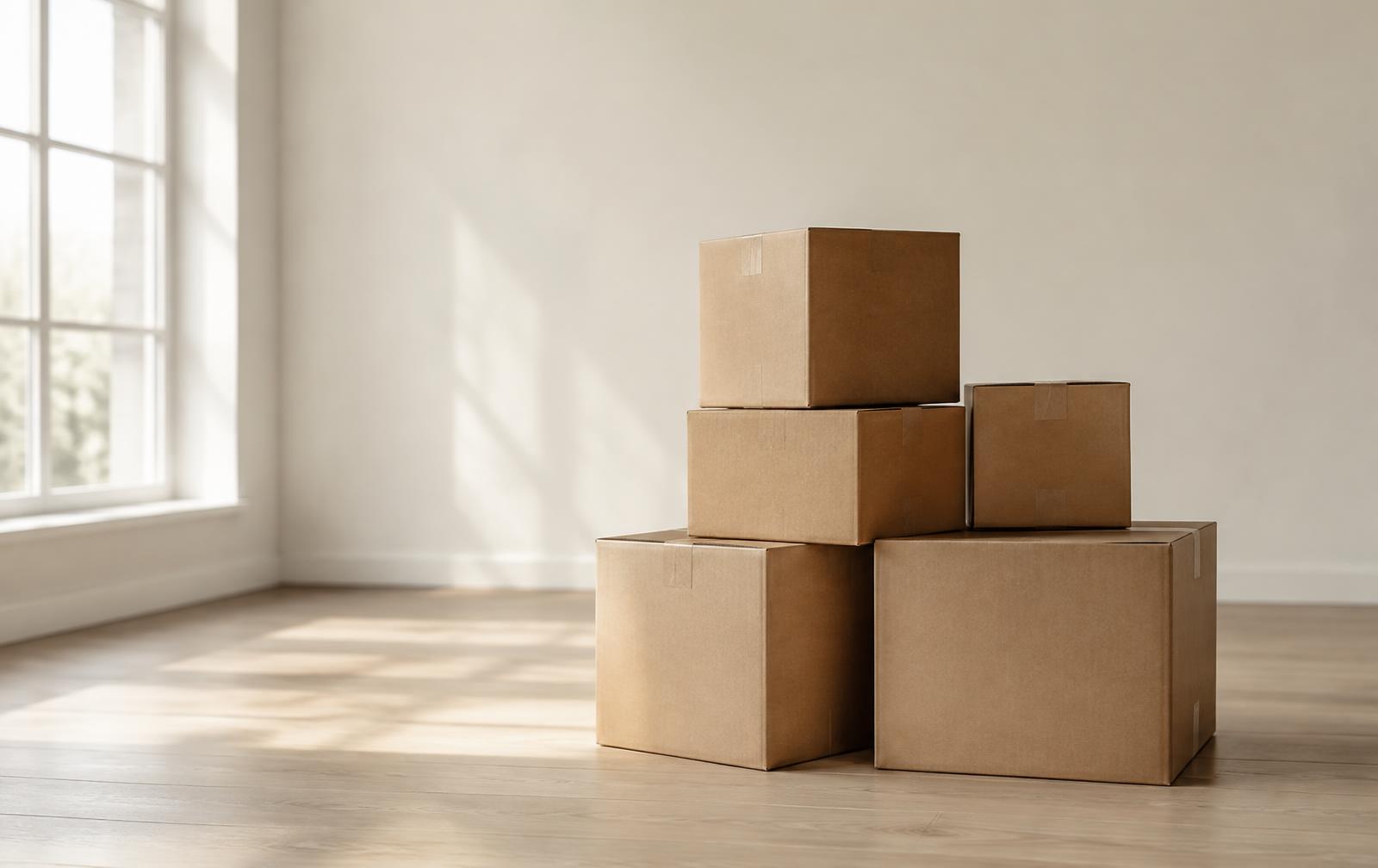 A neat stack of kraft moving boxes in a bright, sunlit room